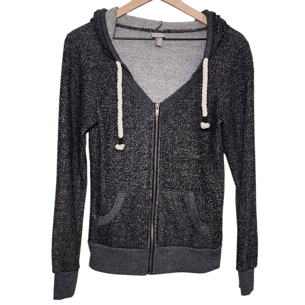 Vanity Womens Medium V-Neck Full Zip Front Hooded Sweatshirt Nautical Rope Gray